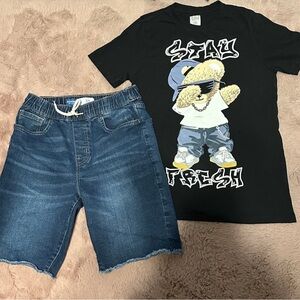 Black Graphic Tee and Denim Shorts Set